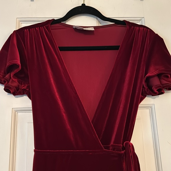 BHLDN Velvet Burgundy Wine Wrap Tie Dress - Picture 2 of 11